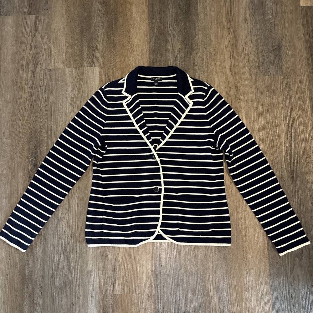 TALBOTS Women's Knit Blazer Women's Medium Petite Sweater Navy Striped Nautical